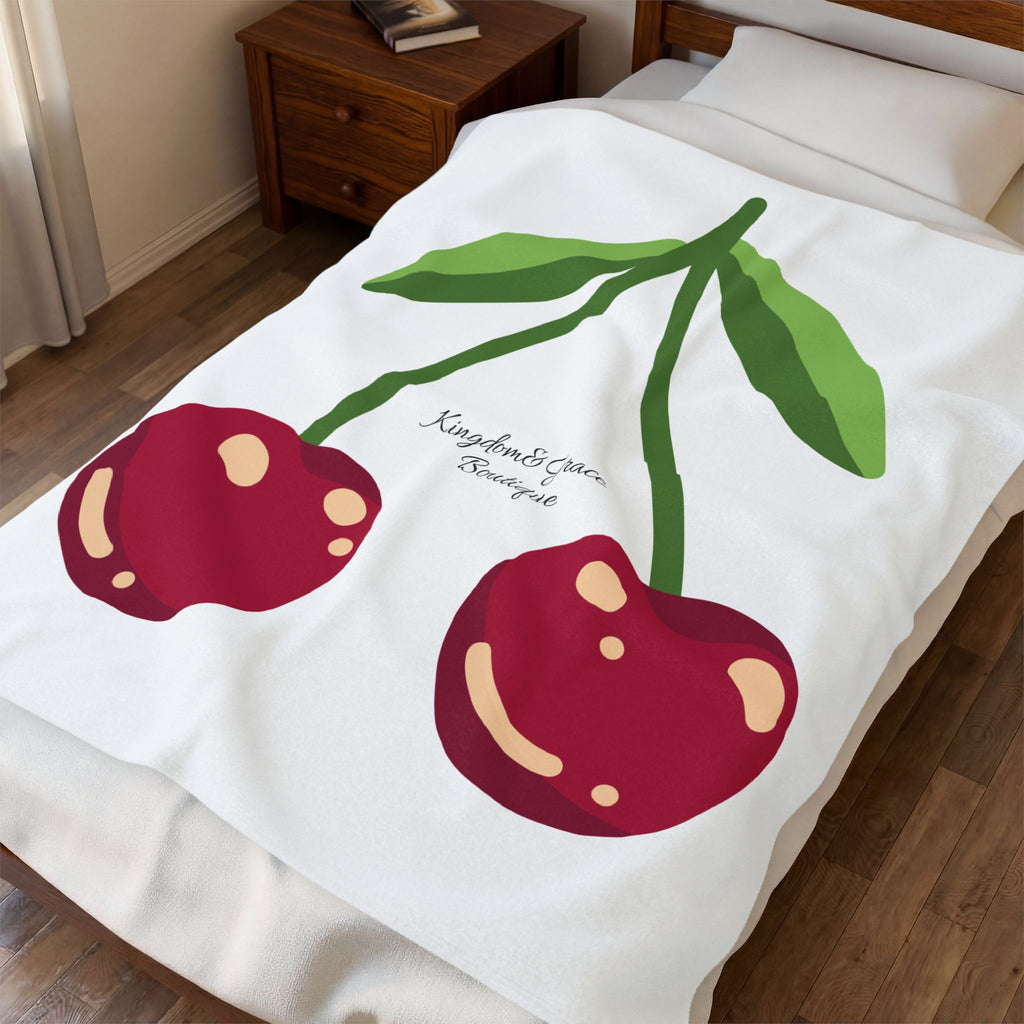 Cherry Print Velveteen Plush Blanket – Cozy Fruit Graphic Throw for Gift & Home